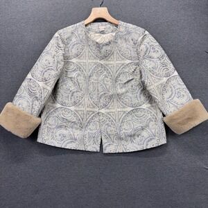Chicos Jacket Womens 16/18 Paisley Jacquard Faux Fur Cuff Silver Gray Lined
